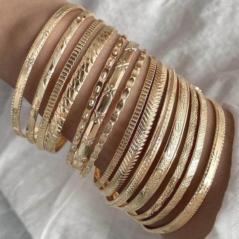 17IF Gold Bangle Bracelet For Women, 14k Multilayer Charm Textured Stackable Bracelets Boho Indian Chunky Cuff Fashion Jewelry Gift - Image 3